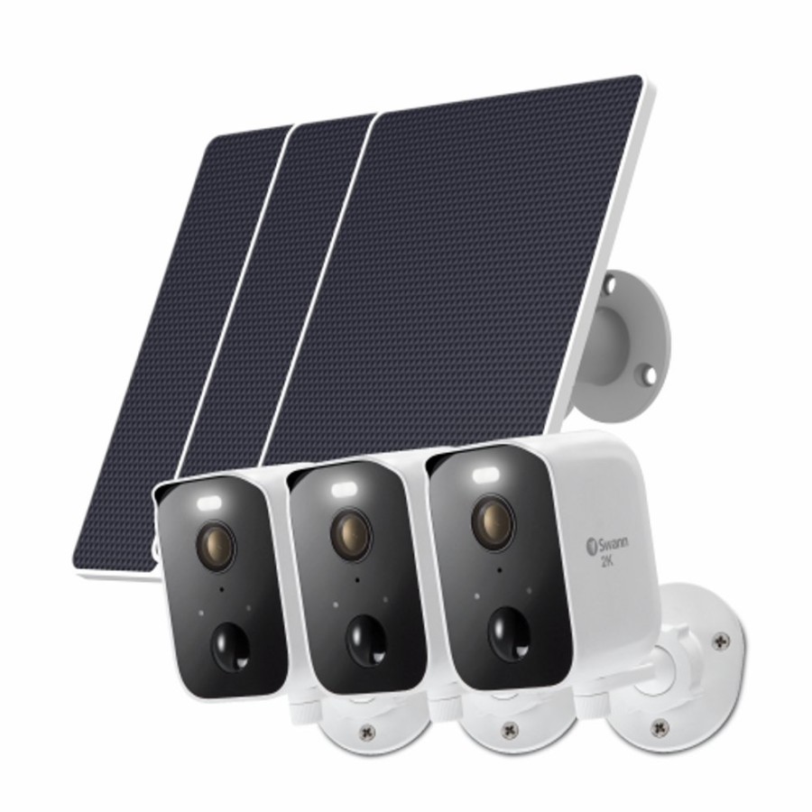 Wireless Battery Security Cameras Swann | Corecam 2K Wireless Spotlight Cameras 3 Pack With 2-Way Talk, Siren, Heat + Motion Detection Plus Solar Charging Panels | Swifi-Corepro3S3