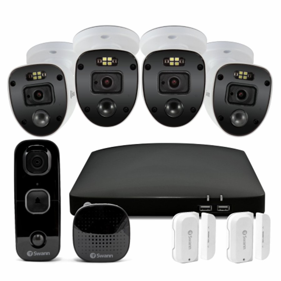 Wired Home Security Systems Swann | 4 Camera 4 Channel 1080P Full Hd Dvr Security System With Swannbuddy Video Doorbell & Window/Door Sensors | Sodvk-446804Slwdb